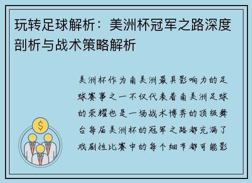 玩转足球解析：美洲杯冠军之路深度剖析与战术策略解析