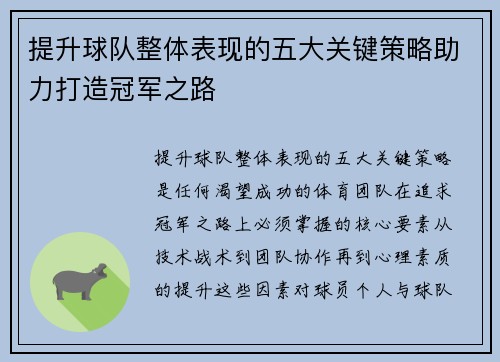 提升球队整体表现的五大关键策略助力打造冠军之路