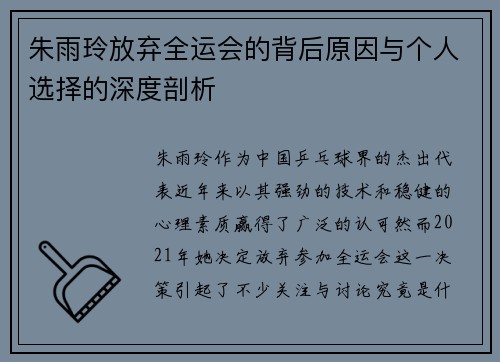 朱雨玲放弃全运会的背后原因与个人选择的深度剖析